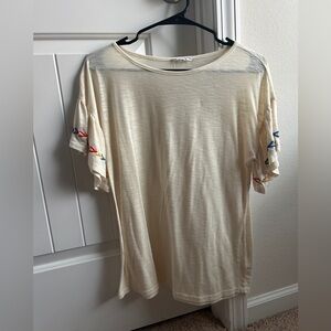 Cream Women's Top with Embroidered Sleeves